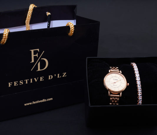Elegant rose gold watch paired with a dazzling diamond bracelet combo gift for sister...