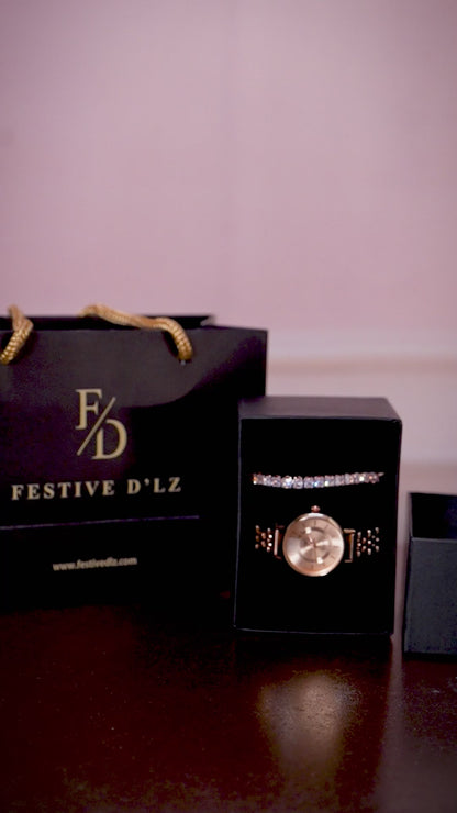 Elegant rose gold watch paired with a dazzling diamond bracelet combo gift for sister...